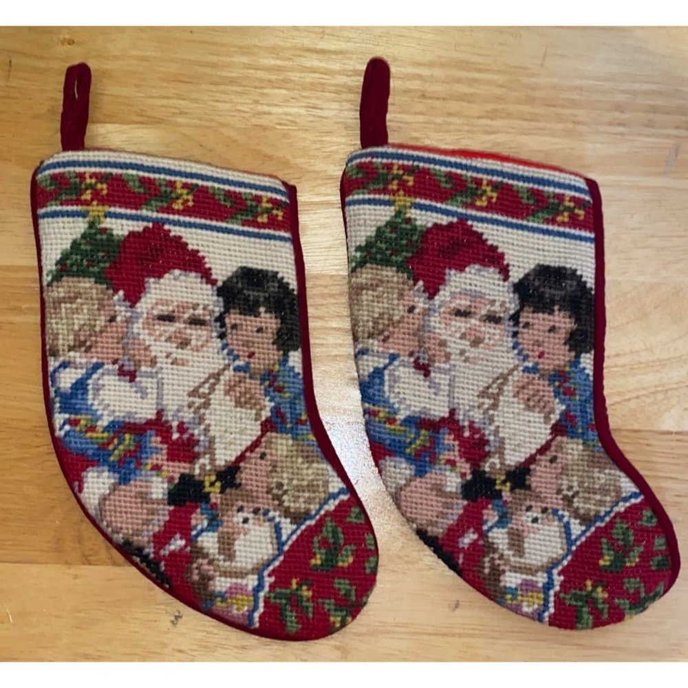 Set of 2 Betty Whiteaker 1993 Hand Made Wool Christmas Stocking Needlepoint